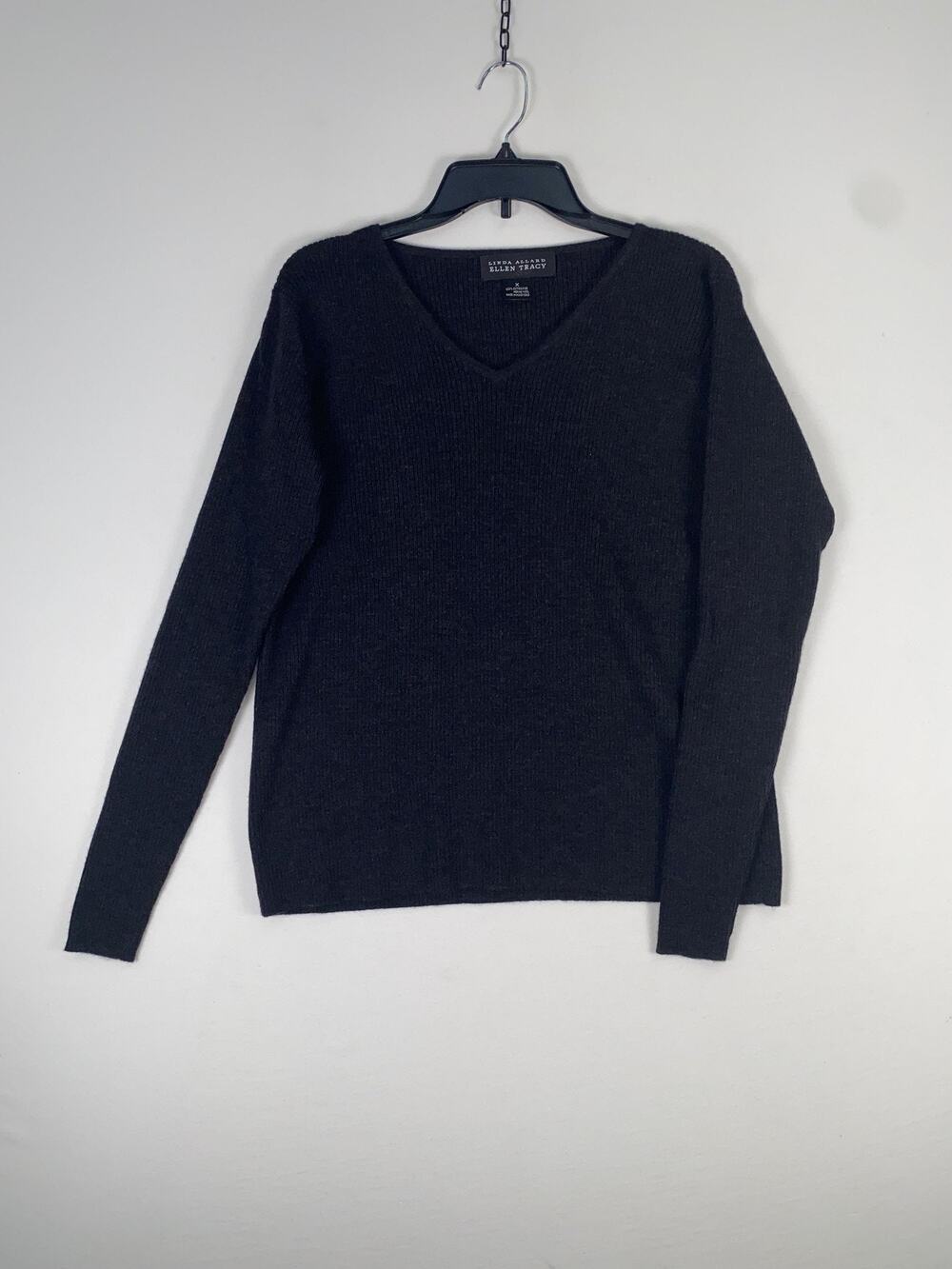 Ellen Tracy Sweater Womens Medium Gray V Neck Merino Wool Lightweight Pullover